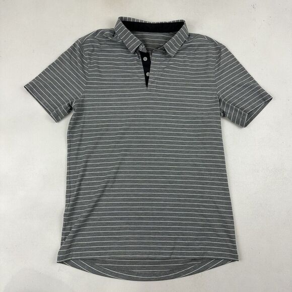 Lululemon EVOLUTION 3 Button Gray White Striped Polo Shirt S/S Sz Medium Stretch - Picture 2 of 7
